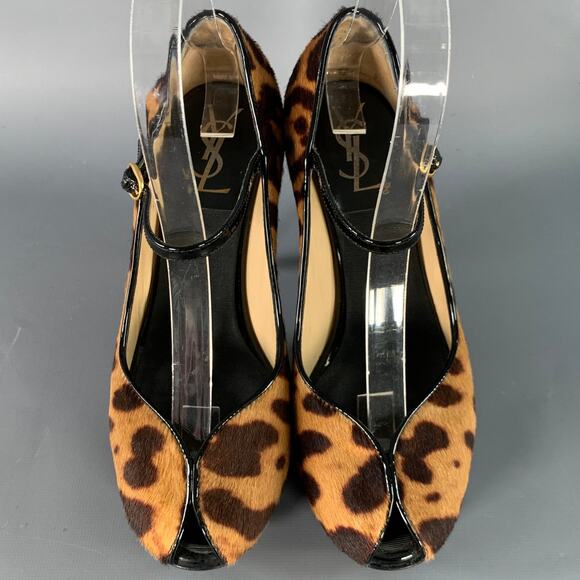 YVES SAINT LAURENT 6 Tribute Brown Black Calf Hair Animal Print Platform Sandals - Picture 4 of 8